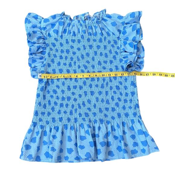 THML Smocked Top Women's Size Small Blue with Blue Clouds and Frilly Sleeves - Picture 8 of 8